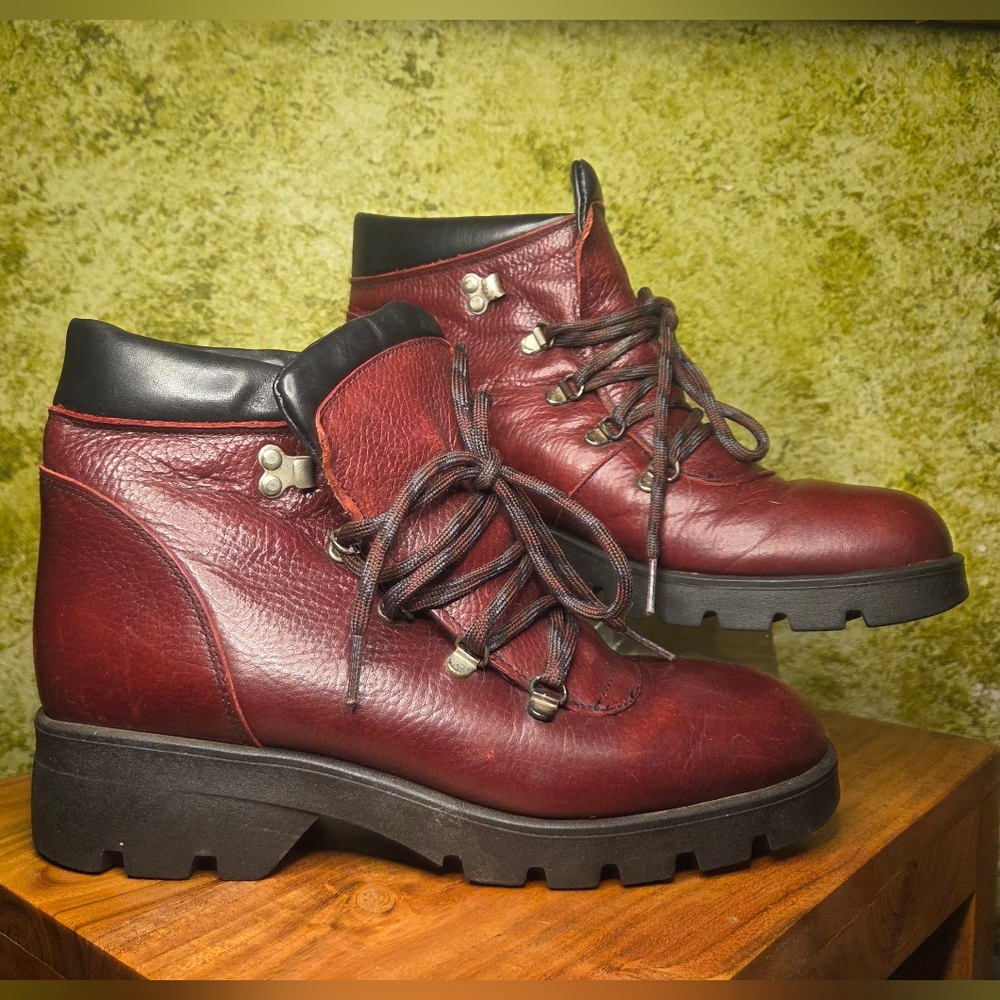 Vntg 90s 'Terra Firma' By Santana Canada Men's Maroon Leather Hiking Boots Sz 10